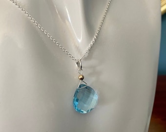 Sky Blue Topaz briolette pendant, December birthstone, 14k yellow gold filled bead on a sterling silver 18” rolo chain