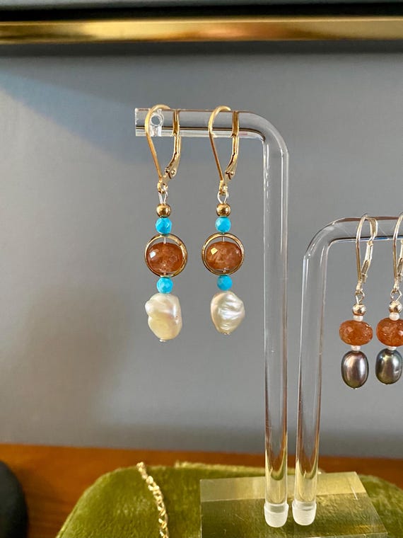 Pearl, Turquoise and Sunstone leverback drop earrings, 14 karat yellow gold and sterling silver.