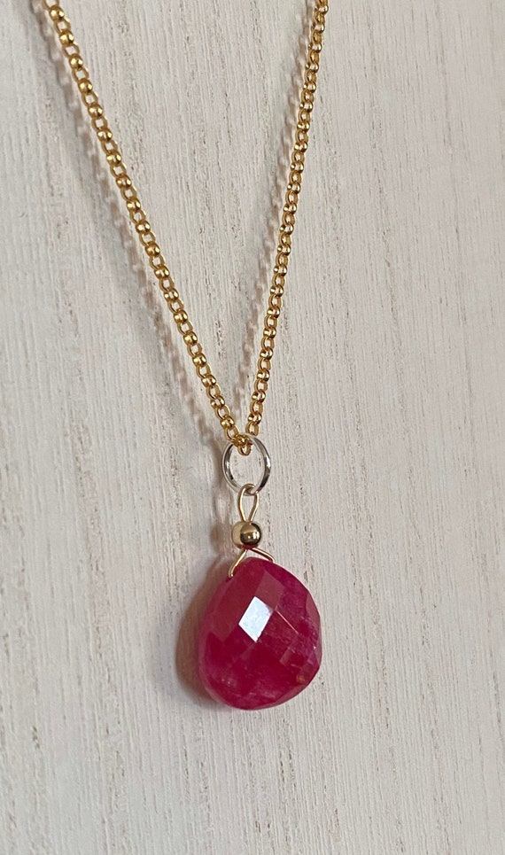 Bright red genuine Ruby pendant on a 18” yellow gold filled rolo link chain. * July’s birthstone