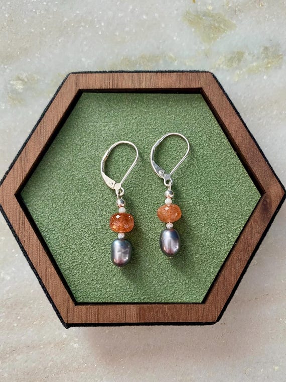 Black pearl and Sunstone drop earrings with sterling silver leverbacks