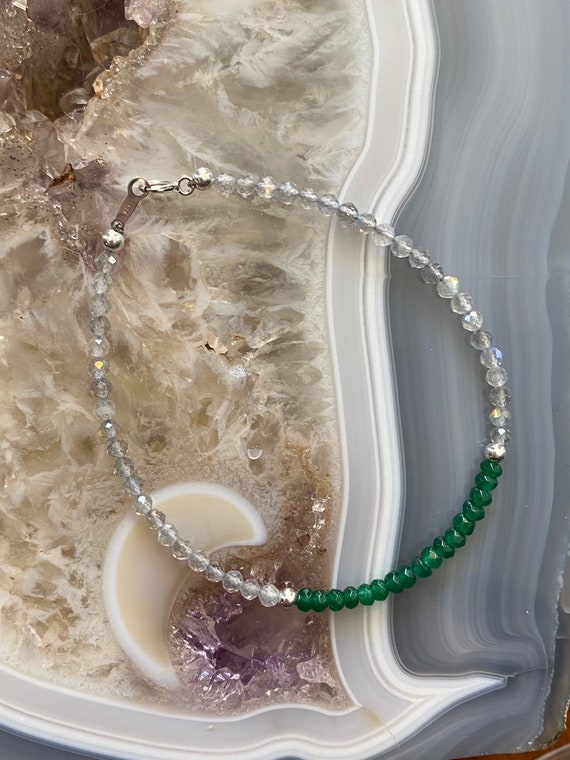 Green Jade and Labradorite beaded bracelet, sterling silver beads and clasp, genuine gemstone beaded bracelet. * Boho