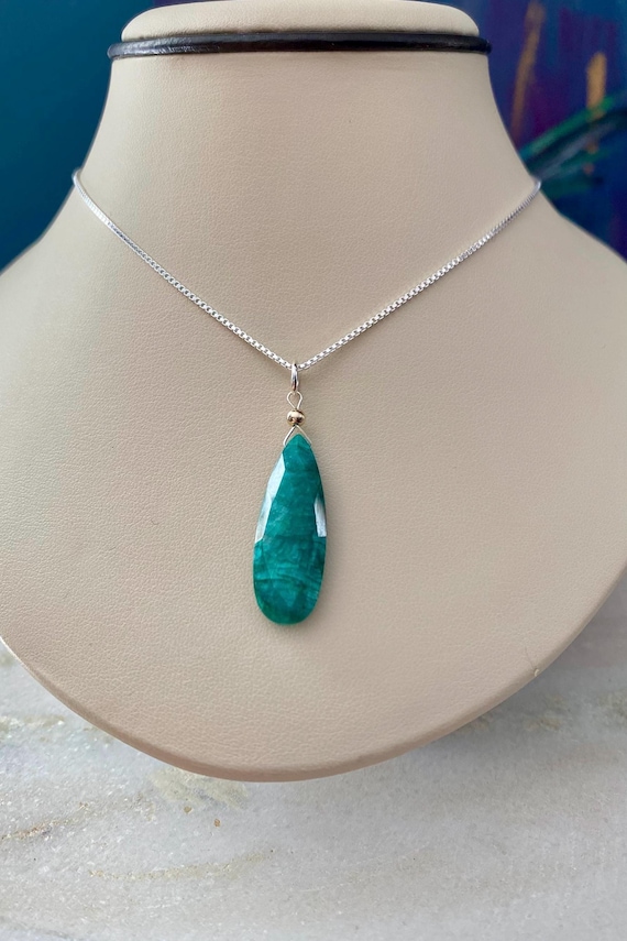 Emerald Pendant Necklace: Sterling Silver Chain, May Birthstone