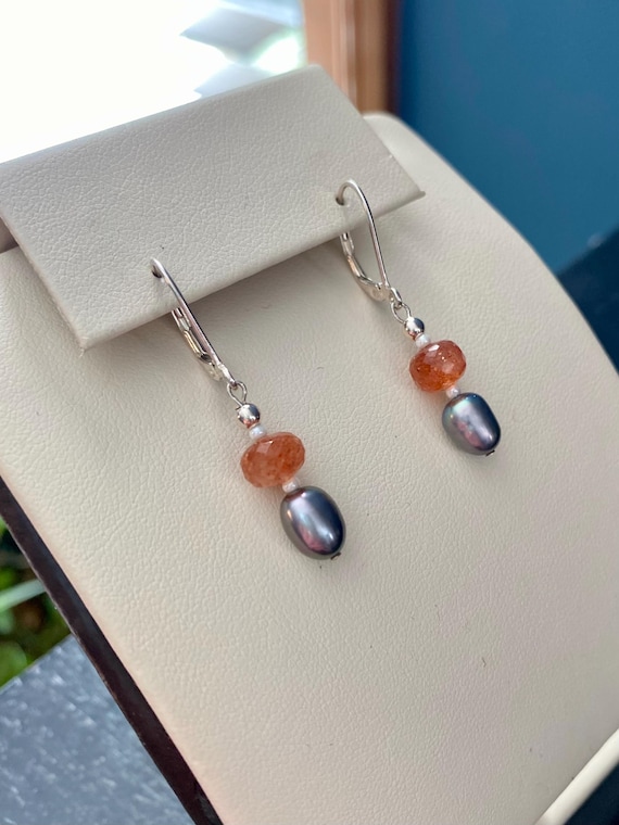 Black pearl and Sunstone drop earrings with sterling silver leverbacks