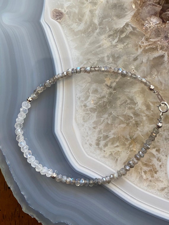 Moonstone and Labradorite beaded bracelet with sterling silver beads and clasp. June’s birthstone.