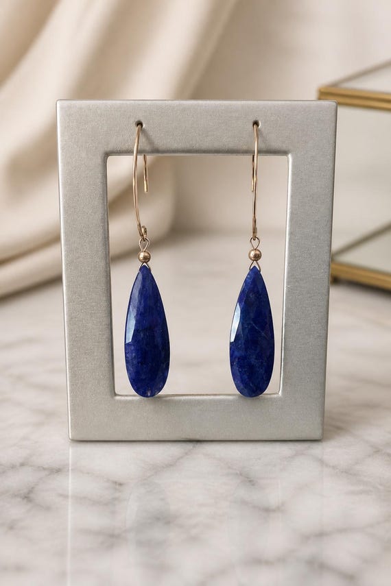 Beautiful blue Sapphire long tear drop dangle earrings with rose gold filled V shaped wire * September birthstone