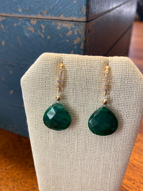 Emerald drop earrings, yellow gold plated with CZ’s. * May birthstone