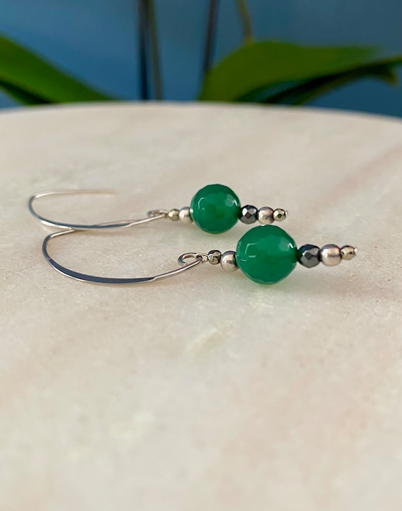 Sterling silver green onyx dangle earrings with hematite, pyrite and sterling silver beads