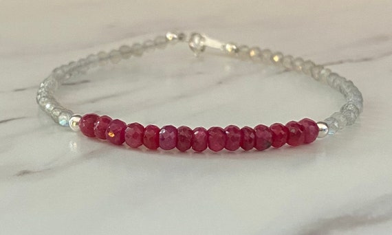 Natural ruby and labradorite beaded bracelet with sterling silver beads and clasp. July birthstone