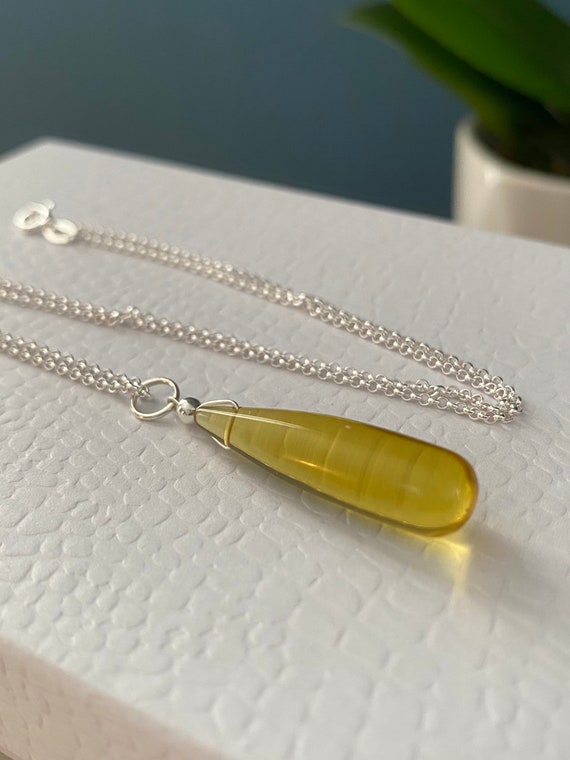 Citrine necklace, long smooth teardrop shaped Citrine pendant, sterling silver chain, Rain Drop Collection, November birthstone