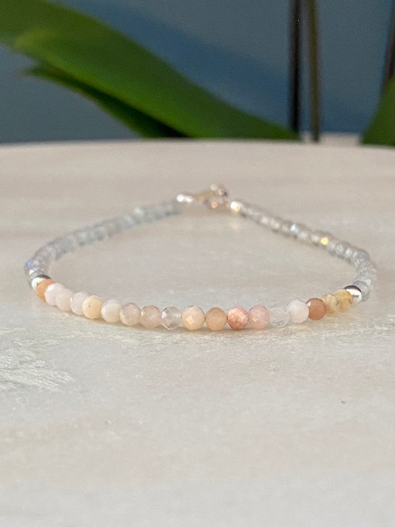 Pink opal and labradorite beaded bracelet with sterling silver beads and clasp. October birthstone. * Boho