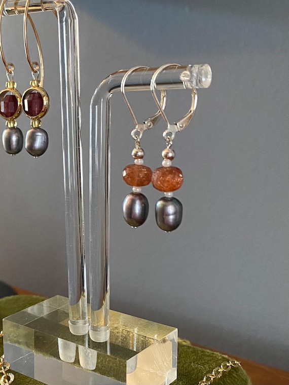 Black pearl and Sunstone drop earrings with sterling silver leverbacks