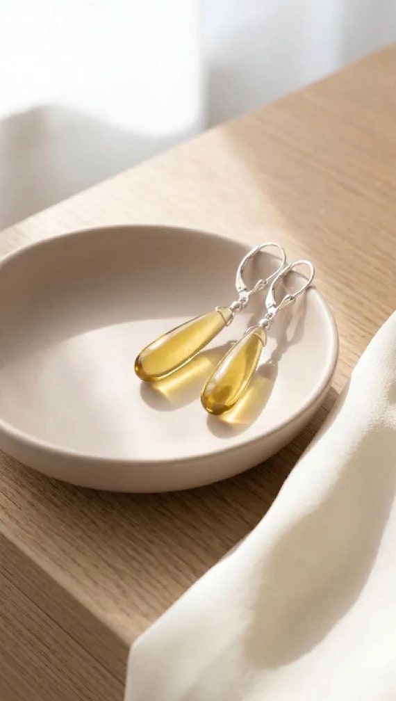 Citrine Dangle Earrings: Sterling Silver Leverbacks, Rain Drop Style