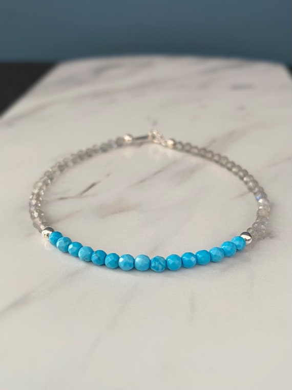 Turquoise and labradorite beaded bracelet with sterling silver beads and clasp. Turquoise is December’s birthstone.