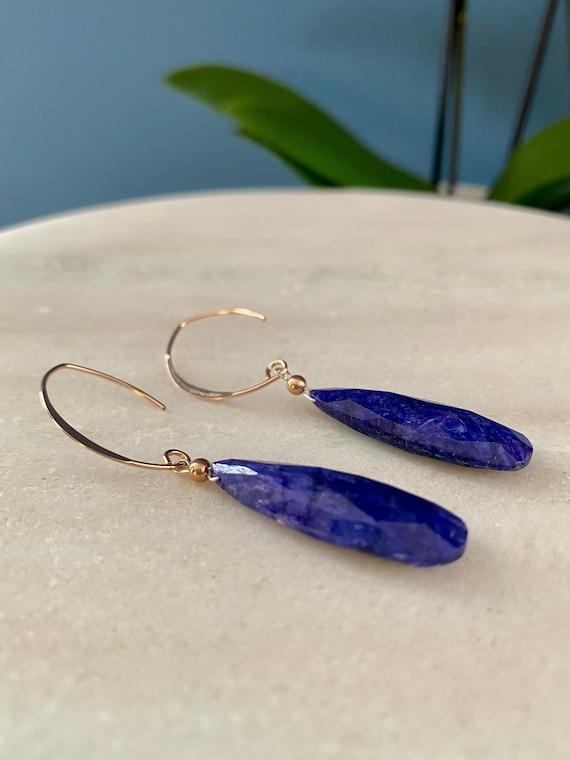 Beautiful blue Sapphire long tear drop dangle earrings with rose gold filled V shaped wire * September birthstone