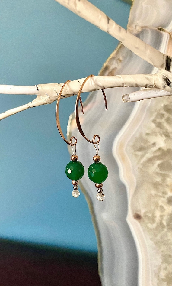 14k rose gold filled faceted green onyx dangle earrings with quartz and pyrite beads