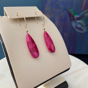 Ruby Dangle Earrings: Yellow Gold Filled, July Birthstone