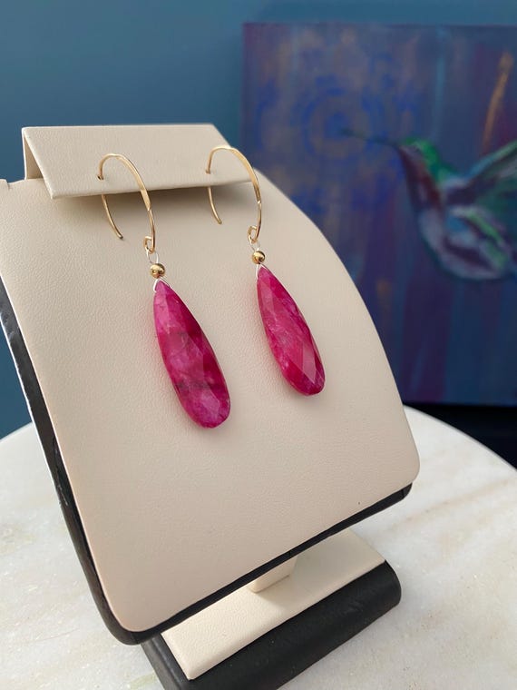 Ruby Dangle Earrings: Yellow Gold Filled, July Birthstone