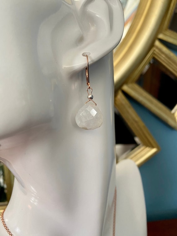 Faceted Moonstone earrings on 14k rose gold filled leverbacks. June birthstone