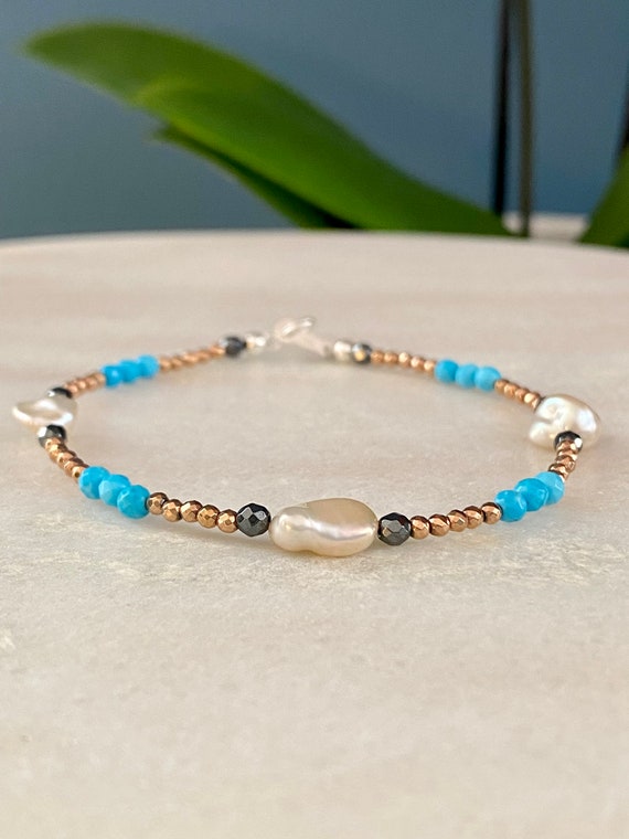 Pearl and turquoise bracelet, rose gold hematite, sterling silver, June and December birthstone