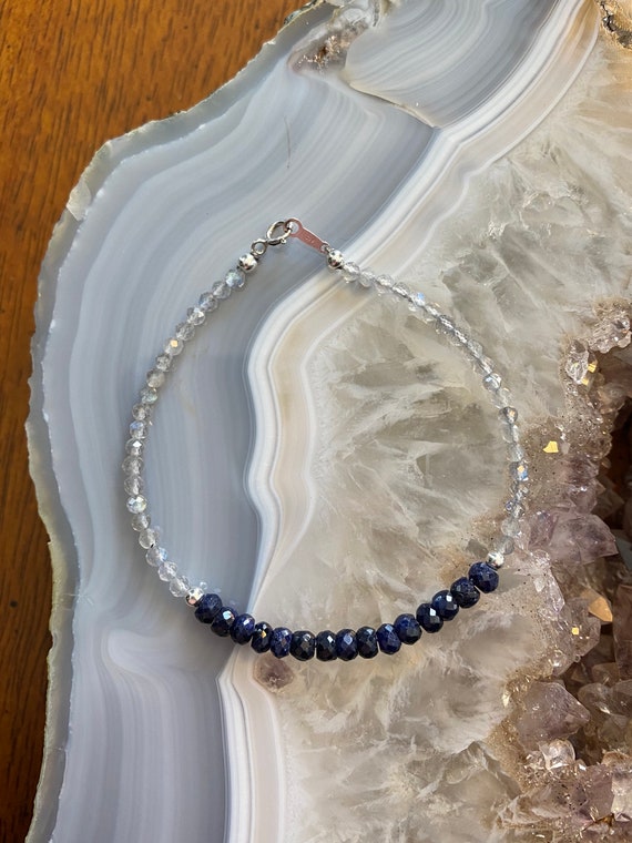 Genuine blue Sapphire and labradorite beaded bracelet with sterling silver beads and clasp. September’s birthstone.