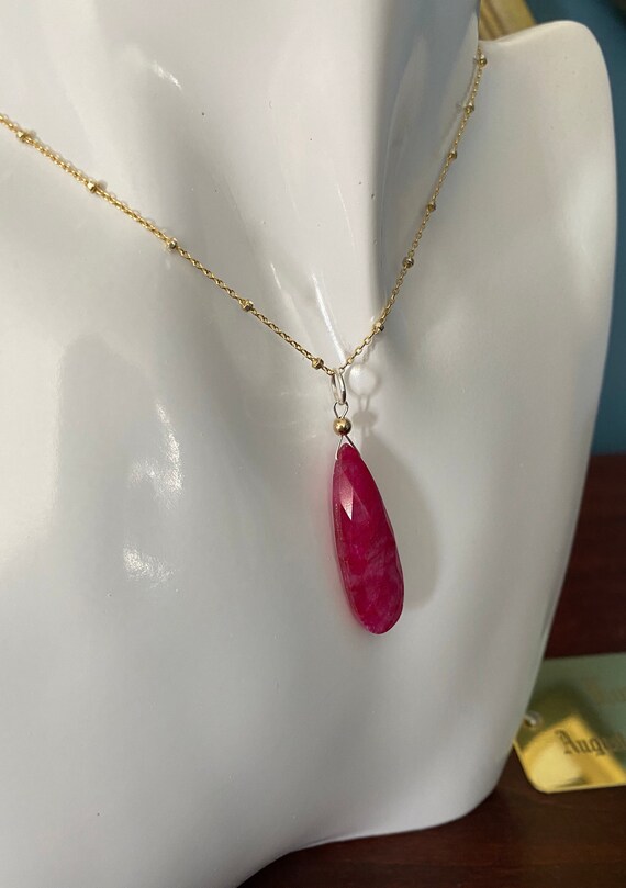 Elegant genuine Ruby pendant, long tear drop shape, two tone yellow gold and sterling silver 18” satellite chain, July birthstone