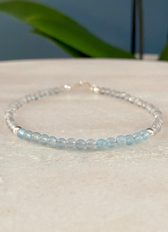 Aquamarine and labradorite beaded bracelet with sterling silver beads and clasp. March birthstone.