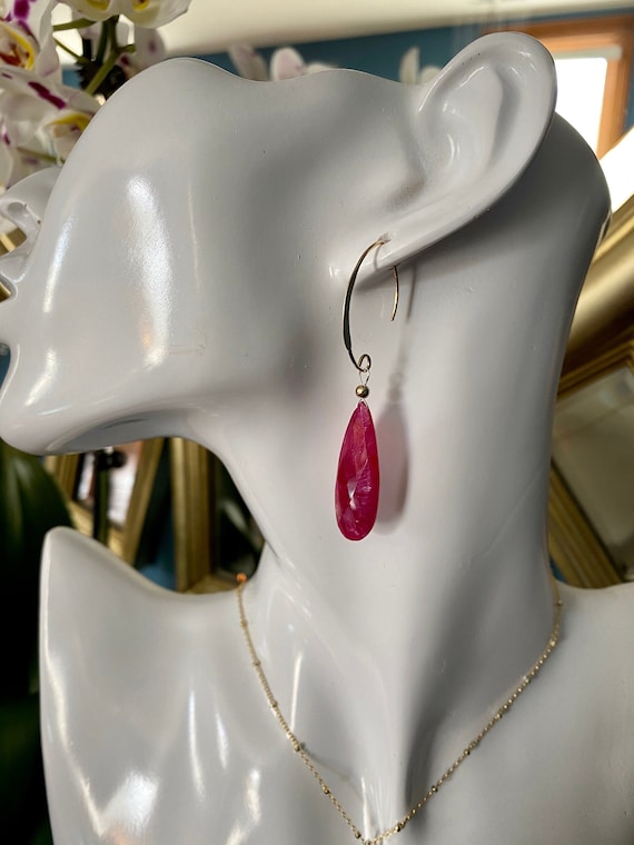 Genuine Ruby dangle earrings, yellow gold filled V shaped wires, long tear drop shaped rubies, * July birthstone