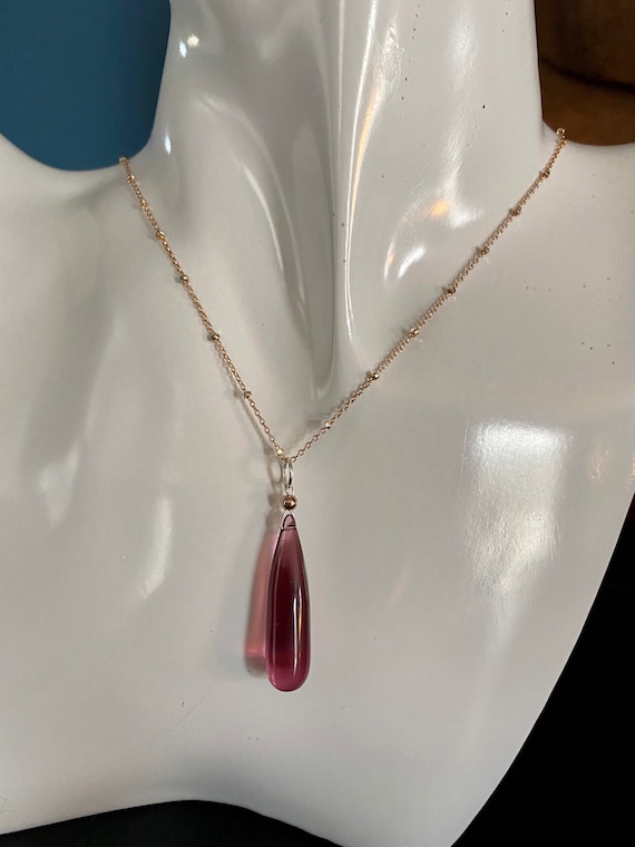 Pink Quartz long tear drop pendant on a two tone rose gold filled and sterling silver satellite style chain *Rain Drop Collection