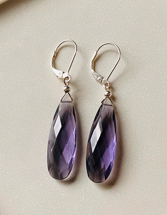 Elegant long tear drop shaped briolette Amethyst earrings with sterling silver beads and sterling silver lever backs. * February birthstone
