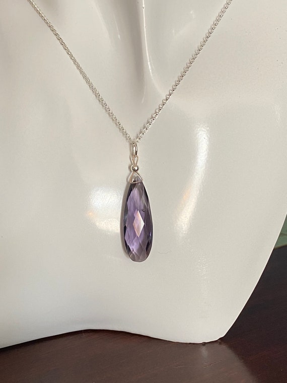 Long tear drop shaped Genuine Amethyst necklace with sterling silver bead on a 18” sterling silver rolo chain. * February birthstone