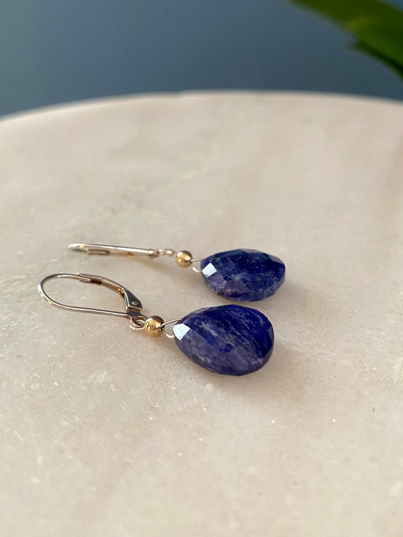 Gorgeous Blue Sapphire dangle earrings on 14k yellow gold filled leverbacks