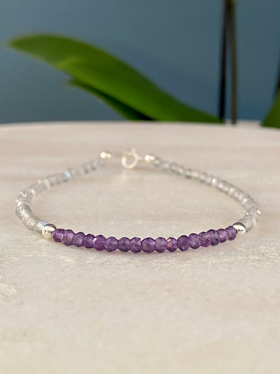 Amethyst and Labradorite beaded bracelet with sterling silver beads and clasp. February birthstone.