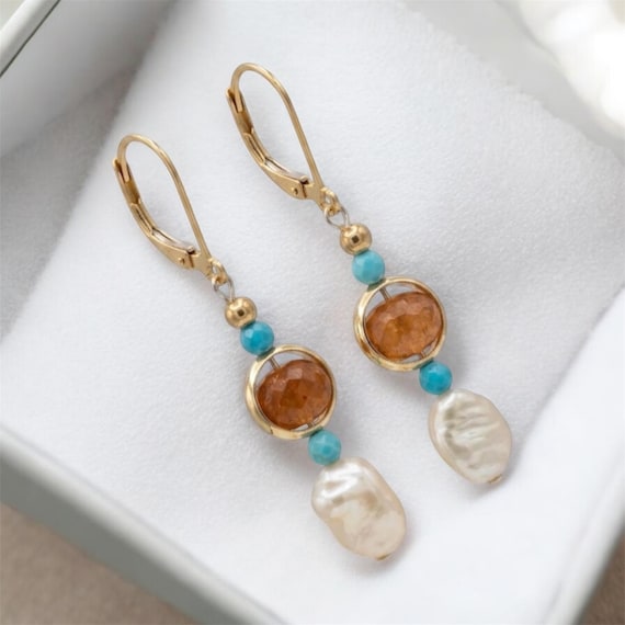 Pearl, Turquoise and Sunstone leverback drop earrings, 14 karat yellow gold and sterling silver.