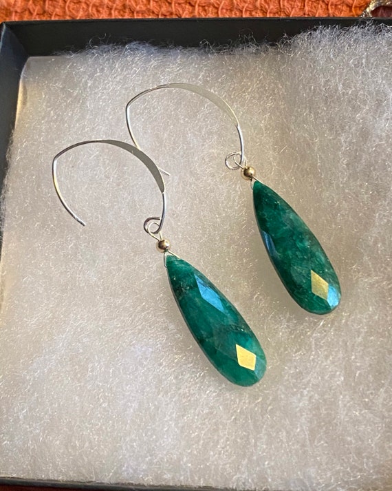 Gorgeous genuine Emerald dangle earrings with sterling silver flat V shaped wires and 14k yellow gold filled beads. * May birthstone