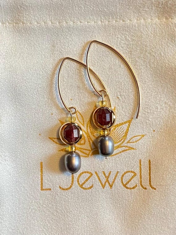 Black pearl and Garnet drop earrings, 14k yellow gold filled thin V shaped wires