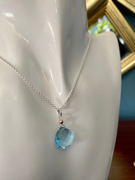 Sky Blue Topaz briolette pendant, December birthstone, 14k yellow gold filled bead on a sterling silver 18” rolo chain