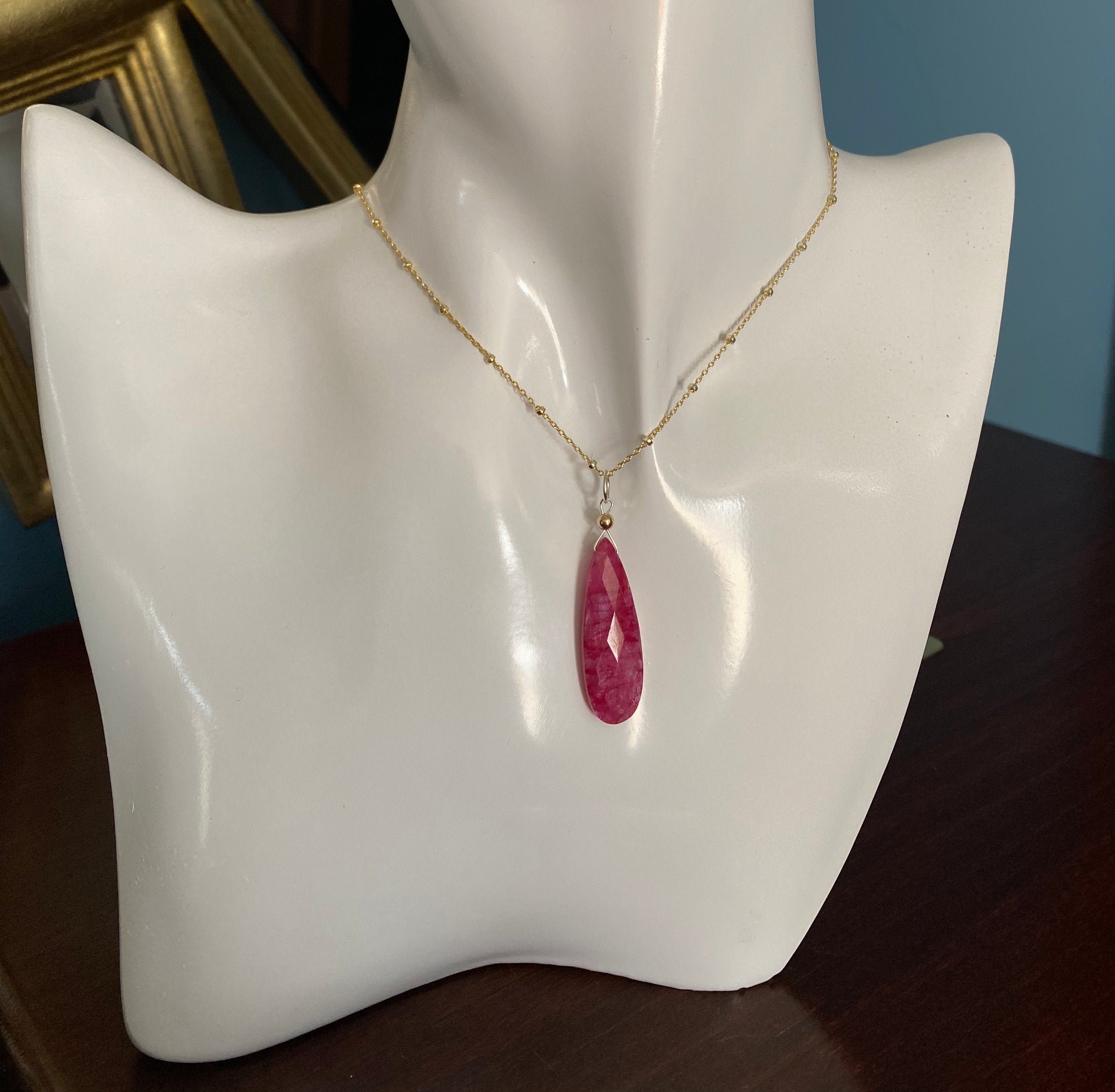 Genuine Ruby briolette pear drop wave twist tassel  solid 14k yellow gold necklace pendant