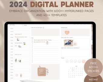 2024 beige digital planner, dated planner, daily, monthly and weekly planner, goodnotes planner, wellness planner and life planner