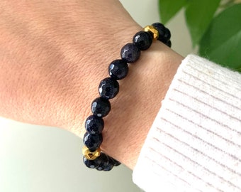 Blue Goldstone Crystal Beaded Bracelet - Faceted Dark Blue Goldstone + Hematite Accents - Crystal Healing Jewelry - Yoga Bracelet