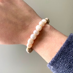 Pearl Beaded Bracelet - Genuine Freshwater Pearl with Wood + Hematite Accents - June Birthstone Gift - Stacking Bracelet - Stretch Bracelet