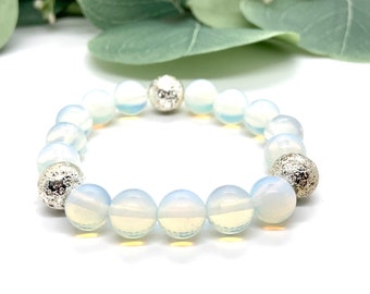 Opalite Crystal Bracelet, 10mm Opalite and Silver Lava Bead Accents, Healing Crystal Bracelet, Meditation Bracelet, Gemstone Bracelet