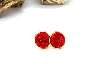 Druzy Stud Earrings - 12mm Red Druzy Earrings - Resin Stud Earrings - Handmade Jewelry - Boho Druzy Jewelry - Gift for Her - Bridesmaid Gift