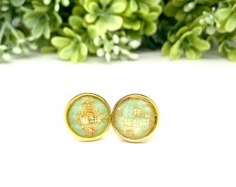 Gold Flake Stud Earrings, 12mm Mint Green & Gold Foil Stud Earrings, Sparkly Stud Earrings, Handmade Resin Jewelry, Pastel Jewelry for Women