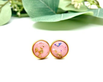 Gold Flake Stud Earrings, 12mm Pink & Gold Foil Stud Earrings, Sparkly Stud Earrings, Handmade Resin Jewelry, Pastel Jewelry for Women