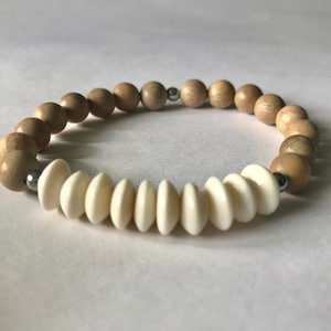 Neutral Carved Bone Boho Beaded Bracelet, Hand Carved African Bone Bead Bracelet, Rustic Bone + Wood Beaded Bracelet