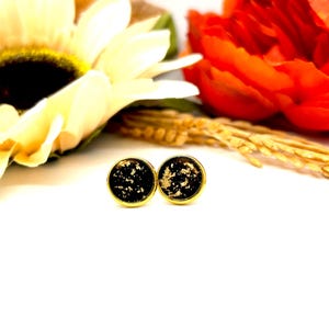 Black & Gold Stud Earrings, 12mm Black Gold Foil Stud Earrings, Sparkly Stud Earrings, Stocking Stuffer Holiday Earring, Soft Girl Aesthetic