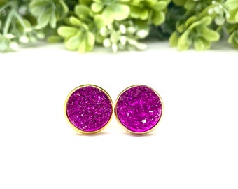 Fuschia Druzy Stud Earrings - 12mm Faux Druzy Stud Earrings - Druzy Earrings - Boho Earrings - Colorful Neon Jewelry - Bridesmaid Earrings