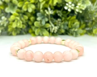 Light Pink Jade Beaded Bracelet - Grade AAA Quality Jade + Gold Pyrite Accents - Genuine Gemstone Bracelet - Gift for Her - Pink Accessories