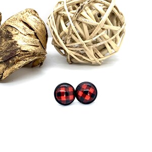 Red Buffalo Plaid Earrings - 12mm Red + Black Buffalo Plaid Stud Earrings - Buffalo Check Earrings - Holiday Gift for Her - Stocking Stuffer