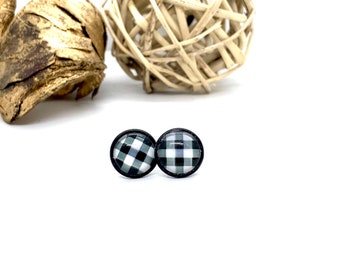 Buffalo Plaid Earrings - 12mm White + Black Buffalo Plaid Stud Earrings - Buffalo Check Stud Earrings - Gift for Her